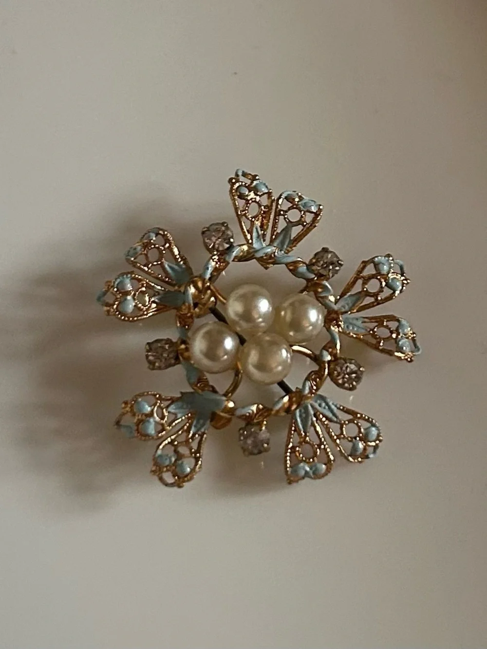 Vintage Austrian Gold Tone Flower Brooch with Pearls and Crystals